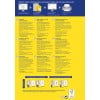 Das Bild enthält Informationen über abnehmbare Etiketten für Ordnerregister. Es umfasst Anleitungen zum Entwerfen, Drucken und Anbringen dieser Etiketten sowie einen Größenvergleich für verschiedene Ordnerarten. Der Text ist in mehreren Sprachen, darunter Deutsch, Französisch, Niederländisch, Finnisch, Russisch und Polnisch.