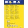 Das Bild ist eine Werbegrafik für NoPeel Permanent Labels von Avery, die Produktspezifikationen und Label-Designs beschreibt. Es enthält Informationen in mehreren Sprachen, Tipps für optimales Drucken und Richtlinien zur Etikettenanwendung.