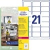 Packungsabbildung mit Etikettenbogen: Avery Zweckform Wetterfeste Folien-Etiketten, Artikel:  L7060-20, Format: 63,5 x 38,1 mm, Druckereignung: Laser s/w,Farblaser, Inhalt: 420 Etiketten / 20 Bögen, 21 Etiketten/Bogen