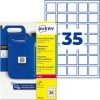 Avery Schwerlastetiketten-Packung mit blauen Kanistern und einem Raster, das 35 quadratische Etiketten zeigt?