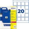 Avery Schwerlast-Etikettenpackung mit blauen Kanistern und einem Raster, das 20 quadratische Etiketten zeigt?