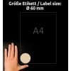 Größenvergleich mit Hand, Artikel: L7106-25, ein Bogen Naturbraune Etiketten, Format: ⌀ 60 mm, Farbe: Naturbraun