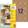 Packungsabbildung mit Etikettenbogen: Avery Zweckform Naturbraune Etiketten, Artikel:  L7106-25, Format: ⌀ 60 mm, Druckereignung: Inkjet,Laser s/w,Farblaser, Inhalt: 300 Etiketten / 25 Bögen, 12 Etiketten/Bogen