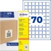 Gelbe Verpackung von Avery-Mehrzwecketiketten mit 70 kleinen quadratischen Etiketten und einer Kartonschachtel?