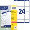 Packungsabbildung mit Etikettenbogen: Avery Zweckform Adress-Etiketten, Artikel:  L7159-100, Format: 63,5 x 33,9 mm, Druckereignung: Laser s/w,Farblaser, Inhalt: 2.400 Etiketten / 100 Bögen, 24 Etiketten/Bogen