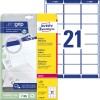 Packungsabbildung mit Etikettenbogen: Avery Zweckform Adress-Etiketten, Artikel:  L7160-40, Format: 63,5 x 38,1 mm, Druckereignung: Laser s/w,Farblaser, Inhalt: 840 Etiketten / 40 Bögen, 21 Etiketten/Bogen