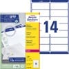 Packungsabbildung mit Etikettenbogen: Avery Zweckform Adress-Etiketten, Artikel:  L7163-100, Format: 99,1 x 38,1 mm, Druckereignung: Laser s/w,Farblaser, Inhalt: 1.400 Etiketten / 100 Bögen, 14 Etiketten/Bogen