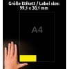 Größenvergleich mit Hand, Artikel: L7263Y-25, ein Bogen Etiketten in Sonderfarben, Format: 99,1 x 38,1 mm, Farbe: neongelb