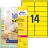 Packungsabbildung mit Etikettenbogen: Avery Zweckform Etiketten in Sonderfarben, Artikel:  L7263Y-25, Format: 99,1 x 38,1 mm, Druckereignung: Laser s/w,Farblaser, Inhalt: 350 Etiketten / 25 Bögen, 14 Etiketten/Bogen