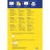 Das Bild zeigt einen Werbeflyer für Avery's transparente Versandetiketten. Es enthält Anweisungen in mehreren Sprachen und hebt die Kompatibilität mit Laser- und Tintenstrahldruckern hervor. Es gibt verschiedene Etikettenoptionen und Vorlagen für ein einfaches Design und Drucken.