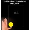Größenvergleich mit Hand, Artikel: L7670Y-25, ein Bogen Etiketten in Sonderfarben, Format: ⌀ 63.5 mm, Farbe: neongelb