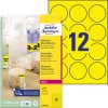 Packungsabbildung mit Etikettenbogen: Avery Zweckform Etiketten in Sonderfarben, Artikel:  L7670Y-25, Format: ⌀ 63.5 mm, Druckereignung: Laser s/w,Farblaser, Inhalt: 300 Etiketten / 25 Bögen, 12 Etiketten/Bogen