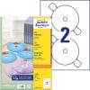 Packungsabbildung mit Etikettenbogen: Avery Zweckform CD-Etiketten SuperSize, Artikel:  L7676-100, Format: ⌀ 117 mm, Druckereignung: Inkjet,Laser s/w,Farblaser, Inhalt: 200 Etiketten / 100 Bögen, 2 Etiketten/Bogen
