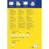 Das Bild zeigt verschiedene CD-Etikettendesigns und Anweisungen zum Erstellen und Drucken von Etiketten. Es enthält Informationen in mehreren Sprachen über die Etikettentypen, optimale Drucktipps und Kontaktdaten des Kundenservice.