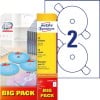 Packungsabbildung mit Etikettenbogen: Avery Zweckform CD-Etiketten SuperSize, Artikel:  L7676A-40P, Format: ⌀ 117 mm, Druckereignung: Inkjet,Laser s/w,Farblaser, Inhalt: 80 Etiketten / 40 Bögen, 2 Etiketten/Bogen