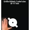 Größenvergleich mit Hand, Artikel: L7760-25, ein Bogen CD-Etiketten SuperSize, Format: ⌀ 117 mm, Farbe: Weiß