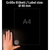Größenvergleich mit Hand, Artikel: L7780-25, ein Bogen Transparente Etiketten, Format: ⌀ 40 mm, Farbe: Transparent