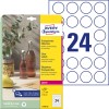 Packungsabbildung mit Etikettenbogen: Avery Zweckform Transparente Etiketten, Artikel:  L7780-25, Format: ⌀ 40 mm, Druckereignung: Laser s/w,Farblaser, Inhalt: 600 Etiketten / 25 Bögen, 24 Etiketten/Bogen