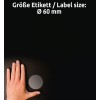 Größenvergleich mit Hand, Artikel: L7787-25, ein Bogen Transparente Etiketten, Format: ⌀ 60 mm, Farbe: Transparent