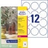 Packungsabbildung mit Etikettenbogen: Avery Zweckform Transparente Etiketten, Artikel:  L7787-25, Format: ⌀ 60 mm, Druckereignung: Laser s/w,Farblaser, Inhalt: 300 Etiketten / 25 Bögen, 12 Etiketten/Bogen
