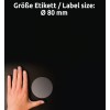 Größenvergleich mit Hand, Artikel: L7788-25, ein Bogen Transparente Etiketten, Format: ⌀ 80 mm, Farbe: Transparent
