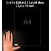 Größenvergleich mit Hand, Artikel: L7871-20, ein Bogen Stark haftende Papier-Etiketten, Format: 25,4 x 10 mm, Farbe: Weiß