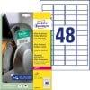 Packungsabbildung mit Etikettenbogen: Avery Zweckform Ultra-Resistente Folien-Etiketten, Artikel:  L7911-10, Format: 45,7 x 21,2 mm, Druckereignung: Laser s/w,Farblaser, Inhalt: 480 Etiketten / 10 Bögen, 48 Etiketten/Bogen