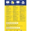 Das Bild ist ein Werbeflyer für Avery-Etiketten und enthält Informationen in mehreren Sprachen über ultra-resistente Outdoor-Etiketten und andere Produkte. Es beinhaltet Details zu Verwendungen, Vorteilen, Temperaturbeständigkeit und Kontaktinformationen für den Kundenservice.
