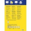 Das Bild enthält Informationen über verschiedene Arten von Kabelmarkierungen und Etiketten. Es umfasst Produktbeschreibungen in mehreren Sprachen, wobei Haltbarkeit, Temperaturbeständigkeit und Anwendungstipps für die Organisation von Kabeln in verschiedenen Umgebungen hervorgehoben werden. Es gibt auch einen Abschnitt, der spezifische Etikettengrößen und Bestellcodes zeigt.