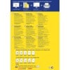 Das Bild zeigt einen bunten Informationsflyer über wetterfeste Versandetiketten, inklusive Details zu Material, Druckoptionen und internationalen Übersetzungen. Es enthält verschiedene Layouts, Abmessungen und einen Website-Link zur Anpassung.