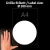 Größenvergleich mit Hand, Artikel: L9003-10, ein Bogen Hinterglas-Etiketten, Format: ⌀ 200 mm, Farbe: Weiß