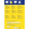 Das Bild ist ein Informationsflyer über recycelte Mehrzwecketiketten von Avery, mit mehrsprachigem Text zu Druckanweisungen, Produktbeschreibungen und Abmessungen.