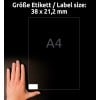 Größenvergleich mit Hand, Artikel: LR3666, ein Bogen Recycling Universal-Etiketten, Format: 38 x 21,2 mm, Farbe: Naturweiß
