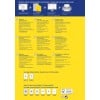 Eine Informationsgrafik über Recyclingetiketten mit verschiedenen sprachlichen Anweisungen zum Design und Druck. Sie enthält Bilder von Etiketten, Spezifikationen und Kundenservicekontakte für mehrere Länder.