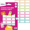Packungsabbildung mit Etikettenbogen: Avery Namens-Etiketten, Artikel:  NAME48C, Format: 15 x 32 mm, Inhalt: 48 Etiketten / 2 Bögen, 24 Etiketten/Bogen