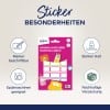 Das Bild zeigt eine Packung Avery Markierungsetiketten mit verschiedenen Merkmalen wie beschreibbar mit Markern, starke Haftung, spülmaschinengeeignet und umweltfreundliche Verpackung. In der Packung sind 48 Etiketten enthalten, die zusammen mit Symbolen dargestellt sind, die diese Eigenschaften repräsentieren.