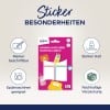 Das Bild zeigt eine Verpackung für Avery Markierungsetiketten. Es hebt verschiedene Merkmale hervor, wie dass sie mit einem Marker beschriftbar, spülmaschinenfest, stark haftend und aus nachhaltiger Verpackung sind. Die Farben sind lebendig, mit einem rosa Hintergrund und bunten Etiketten, die auf der Verpackung zu sehen sind.