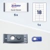 Das Bild zeigt ein Etikettenpaket von Avery mit dem Namen 'Sarah Baron' und Mengenangaben von Artikeln, darunter 5 Etiketten und ein Werkzeug zu deren Verwaltung. Es gibt auch ein Diagramm, das das Layout eines einzelnen Etiketts mit der Nummer 18 zeigt.