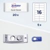 Das Bild zeigt Avery Namensschilder, Nummern und ein paar Etikettenhalter. Es zeigt das Branding "Avery", erwähnt "Sarah Baron", gibt eine Menge von 20 für Namensschilder an und zeigt Etikettenblätter mit einer Menge von 5.