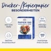 Das Bild zeigt eine Packung Drucker-/Kopierpapier mit der Aufschrift 'Papier 100' von Avery Zweckform. Es hebt Merkmale wie hohe Weiße, ISO 9706-Zertifizierung, Alterungsbeständigkeit und Eignung für Tintenstrahl- und Laserdrucker mit einem Gewicht von 100 g/m² hervor.