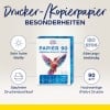 Das Bild zeigt eine Produktbox für 'Drucker-/Kopierpapier' und hebt dessen Eigenschaften wie sehr hohe Weiße, Alterungsbeständigkeit und Kompatibilität für Tintenstrahl- und Laserdrucker hervor.