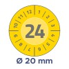 Das Bild zeigt ein kreisförmiges Design mit der Zahl 24, die in der Mitte prominent angezeigt wird. Um die Zahl herum befinden sich Stundenmarkierungen von 1 bis 12, was auf eine uhrenähnliche Form hinweist. Unten befindet sich ein Etikett, das einen Durchmesser von 20 mm angibt.