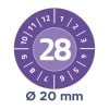 Das Bild zeigt eine kreisförmige Grafik mit einem Wert von 28, umgeben von Zahlen von 1 bis 12 und einer Anzeige des Durchmessers (Ø 20 mm). Der Hintergrund ist lila.