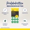 Das Bild zeigt ein Produkt namens 'Prüfplaketten' von Avery Zweckform, mit einem Set Inspektionsetiketten für das Jahr 2026, das seine wasserfesten, robusten und CO2-neutralen Eigenschaften hervorhebt. Es weist darauf hin, dass es in Deutschland hergestellt wurde und enthält eine visuelle Darstellung dieser Eigenschaften.