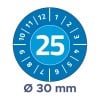 Das Bild zeigt ein kreisförmiges Messgerät, in dessen Mitte die Zahl 25 prominent dargestellt ist, umgeben von den Zahlen 1 bis 12 und weiteren Markierungen. Unterhalb des Kreises steht der Text 'Ø 30 mm'.