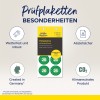 Das Bild zeigt eine Produktverpackung für Prüfsiegel mit Merkmalen wie wasserdicht, robust, manipulationssicher, klimaneutral und hergestellt in Deutschland, vorgesehen für den Einsatz im Jahr 2026.