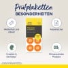 Das Bild zeigt Inspektionsetiketten für das Jahr 2027 und hebt deren wetterfeste und robuste Eigenschaften hervor. Es enthält Symbole, die Merkmale wie leicht abziehbar, Klimaneutralität und die Herstellung in Deutschland repräsentieren.
