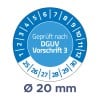 Das Bild zeigt ein rundes Messgerät oder Prüfwerkzeug, das mit Zahlen und Text auf Deutsch markiert ist und die Einhaltung der DGUV-Vorschrift anzeigt, mit einem angegebenen Durchmesser von 20 mm.