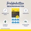 Das Bild zeigt Produktinformationen für Avery Zweckform Prüfetiketten und hebt Attribute wie Wetterbeständigkeit, die Herstellung in Deutschland und den klimaneutralen Status des Produkts hervor.