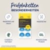Das Bild zeigt Inspektionsetiketten, die als 'Prüfplaketten' bezeichnet werden und Merkmale wie wetterbeständig, sicher, hergestellt in Deutschland und klimaneutral hervorheben. Die Etiketten werden von Avery Zweckform hergestellt und entsprechen den DGUV-Standards von 2025 bis 2030.